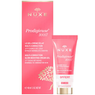Set Crema gel multi-corectoare pentru ten normal-mixt, 40 ml + Balsam de noapte regenerator, 15 ml Prodigieuse Boost, Nuxe Set Crema gel multi-corectoare pentru ten normal-mixt, 40 ml + Balsam de noapte regenerator, 15 ml Prodigieuse Boost, Nuxe