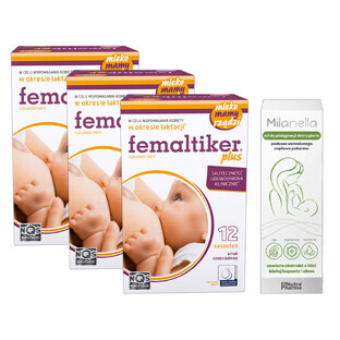 Set Femaltiker Plus, sabor chocolate, 3 x 12 sobres + Milanella, gel para el cuidado de la piel de los senos, 75 ml