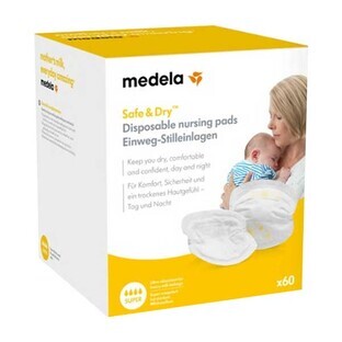 Medela, discos de lactancia, desechables, Safe &amp; Dry, 60 unidades