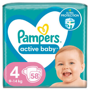 Pampers Active Baby, pañales, talla 4, 9-14 kg, 58 piezas