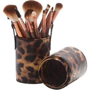 Set van 12 make-up kwasten, luipaard opbergdoosje