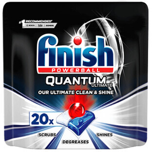 Finish Quantum Ultimate, pastillas lavavajillas sin fosfatos con triple efecto, potente limpieza, desengrase y brillo, 20 pastillas