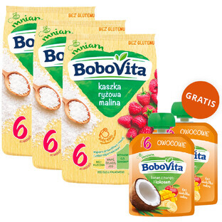 Set BoboVita Rice porridge, raspberry, dairy-free, gluten-free, after 6 months, 3 x 180 g + mousse in tube, banana with mango and coconut, 2 x 80 g free