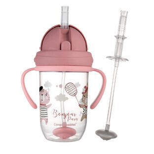 Set Canpol Bebés, vaso antigoteo con tubo y pesa, Bonjur Paris, rosa, a partir de 6 meses, 270 ml + tubo antigoteo de silicona con pesa, gris, 1 pieza por 1 céntimo