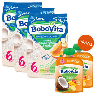 BoboVita Tasty Dinner Set Terci de lapte și orez, 3 fructe, fără gluten, după 6 luni, 3 x 230 g + Mousse în tub, banană cu mango și nucă de cocos, 2 x 80 g gratuit