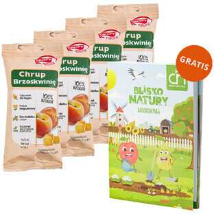 Set Crispy Natural Crunch Peach, cubetti di pesca essiccata, 4 x 12 g + un libro da colorare Blissful Nature in omaggio Set Crispy Natural Crunch Peach, cubetti di pesca essiccata, 4 x 12 g + un libro da colorare Blissful Nature in omaggio