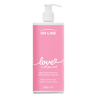 On Line Love, savon liquide 2 en 1 pour les mains et le corps, pivoine et eau de rose, 390 ml