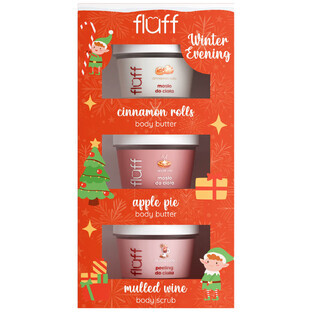 Set Fluff Winteravond, boter Kaneelbroodjes, 100ml + boter Appeltaart, 100ml + scrub Glühwein, 100ml