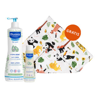 Set Mustela Bebe Enfant Hydra Bebe, body milk, from birth, 750 ml + baby shampoo, from the first day, 200 ml + free bamboo diaper