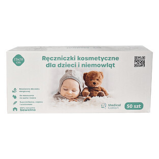 Medical Cotton, cosmetic towel for babies and children, 23 x 20 cm, 100% cotton, from birth, 50 pieces IN DECORATED PACKAGE