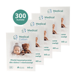 Set of medical cotton, cosmetic pads for babies and children, large, 100% cotton, from birth, 5 x 60 pieces