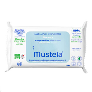 Mustela, reinigingsdoekjes, composteerbaar, ongeparfumeerd, vanaf de geboorte, 60 stuks