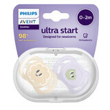 Philips Avent Ultra Start Soothers, 0-2 months, 2 pieces, Purple/Orange, Eyes, SCF075/03, Philips