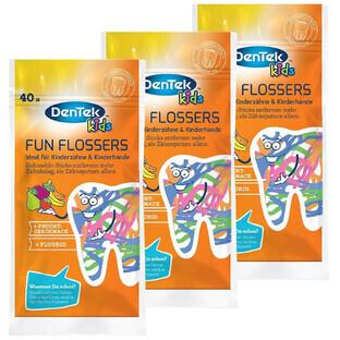 DenTek Kids Fun Flosser set, cepillos de seda dental para niños, 3 x 40 piezas