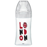 Glass bottle with sensory function and anti-colic flat teat Debit 2, London, 0-6 months, 270 ml, Dodie Glass bottle with sensory function and anti-colic flat teat Debit 2, London, 0-6 months, 270 ml, Dodie