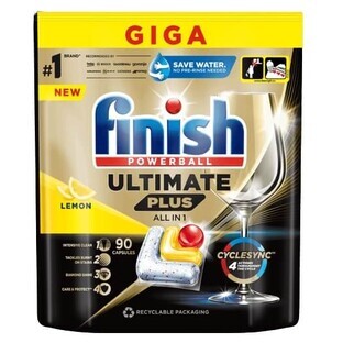 Finish Powerball Ultimate Plus Todo en 1 cápsulas lavavajillas de limón, 90 unidades