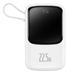 Baseus Qpow Digital Display Powerbank mit Schnellladung 10000mAh 22.5W QC/PD/SCP/FCP mit integriertem USB-C Kabel weiß