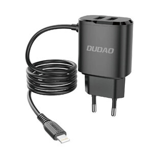Dudao netwerklader 2x USB met geïntegreerde Lightning-kabel 12 W zwart (A2ProL zwart)