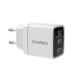 GaN Choetech PD6051 2x USB-C PD 35W netvoeding oplader met display - wit