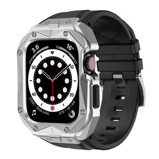 Kingxbar CYF140 2-in-1 carcasă blindată pentru Apple Watch SE, 6, 5, 4 (44 mm) din oțel inoxidabil cu curea argintie