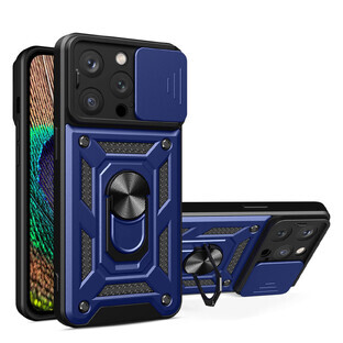 Funda blindada Hybrid Armor Camshield iPhone 14 Pro Max con tapa de cámara azul