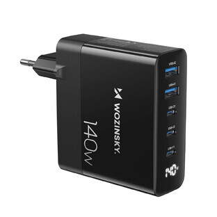 GaN Wozinsky CGWCB 140W lichtnetlader 3 x USB-C / 2 x USB-A - zwart