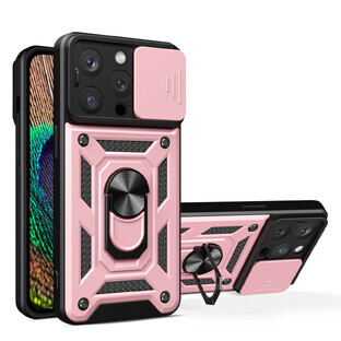 Funda blindada Hybrid Armor Camshield iPhone 14 Pro con tapa de cámara rosa