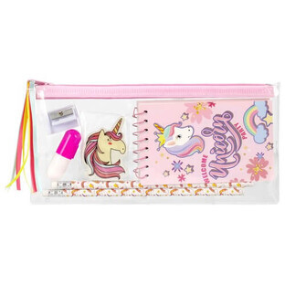 Unicorn school set pencil case sachet Spiral notebook 2 pencils Eraser Mini highlighter Sharpener Sharpener