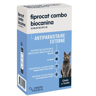 Biocanina Antiparasitaire externe Solution pour Spot-On Chats et Furets Fiprocat Combo 3 pipettes