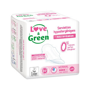 Love&Green Tampoane hipoalergenice anti-iritare cu aripi Flux normal - 14 bucăți 14 servețele
