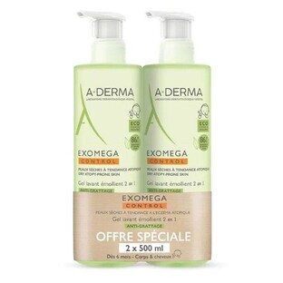 A-Derma Exomega Control Emollient Cleansing Gel for Body and Hair 2x500ml