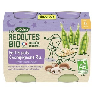 Blédina Plat Bébé Nuit Petit Pois Champignons Riz Bio 2x200g Les Recoltes Bio Dès 8 mois Bledina