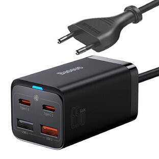 Baseus GaN3 Pro GaN fast charger 2 x USB Type C / 2 x USB 65W PD, QC4.0+, AFC, PPS + USB Type C - USB Type C cable 1m black (CCGP040101)