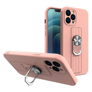 Ring Case étui en silicone avec grip pour les doigts et support pour iPhone 13 Pro Max rose