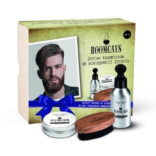 Roomcays Set #4 cosmetici da uomo olio per la barba, 50 ml + balsamo per la barba, 30 ml + spazzola per la barba