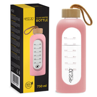 4Fizjo, borraccia in vetro con custodia in silicone, motivazionale, rosa, 750 ml