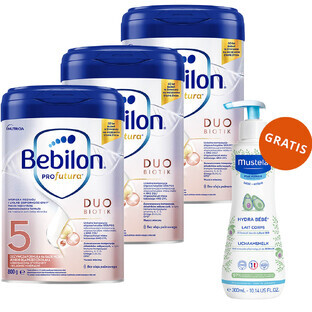 Bebilon Profutura DuoBiotik 5, leche maternizada nutritiva, para el preescolar, 3 x 800 g + Mustela Bebe Enfant Hydra Bebe, leche corporal, 300 ml gratis