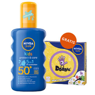 Nivea Sun Kids Protect & Care 5in1, Sonnenschutzspray für Kinder, mit Farbvertiefung, SPF 50+, 200 ml + Dobble Spiel gratis