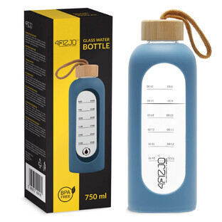 4Fizjo, bouteille d'eau en verre avec étui en silicone, motivante, bleue, 750 ml