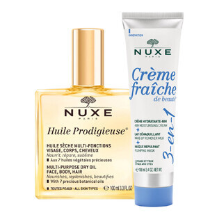 Coffret Nuxe Huile Prodigieuse, huile sèche multifonctionnelle pour le corps, le visage et les cheveux, 100 ml + crème hydratante 3 en 1, 100 ml pour 1 sou
