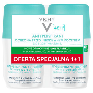 Vichy, antitranspirante roll-on, tratamiento antitranspirante contra la sudoración excesiva, 48 h, 2 x 50 ml
