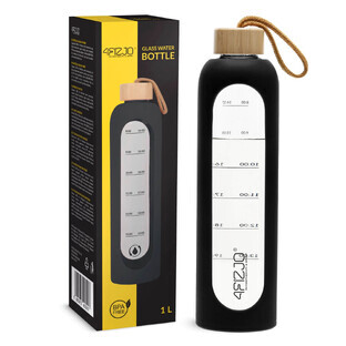 4Fizjo, Glaswasserflasche in Silikonhülle, Motivationsflasche, schwarz, 1 l