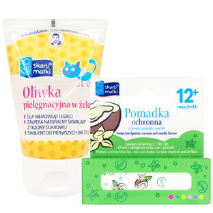 Set Skarb Matki, Pflegeöl in Gel für Babys und Kinder ab dem 1. Lebenstag, 125 ml + schützender Lippenstift für Kinder, Kokosnuss- und Vanillegeschmack, ab 12 Monaten, 6,5 g