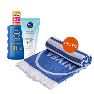 Nivea Sun Protect & Bronze set, Aceite solar en spray activador del bronceado natural, FPS 20, 200 ml + gel-crema calmante para después del sol, 175 ml + toalla de playa gratis