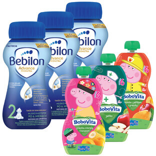 Set Bebilon Advance Pronutra 2, lait de suite prêt à boire, après 6 mois, 3 x 200 ml + BoboVita mousse de fruits, 3 x 100 g