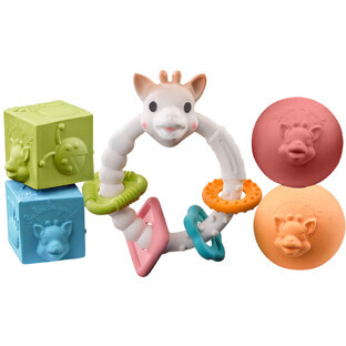Ensemble girafe Sophie So'pure, anneau de dentition en caoutchouc sur roue, à partir de 3 mois, 1 pièce + cubes, 2 pièces + balles, 2 pièces