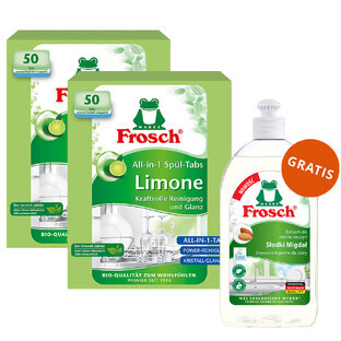 Frosch set, vaatwastabletten, All in One, limoen, 2 x 50 stuks + afwasmiddel, amandel, 500 ml gratis