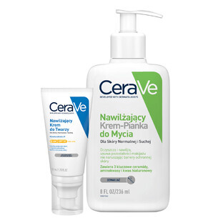 CeraVe set, hydraterende gezichtscrème met ceramiden, normale en droge huid, SPF 50, 52 ml + hydraterende crème-schuim gezichtswasgel, normale en droge huid, 236 ml