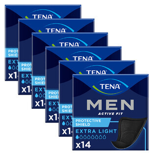 Set Tena Men Active Fit, plantillas anatómicas para hombre, Extra Light Negro, 6 x 14 pzas