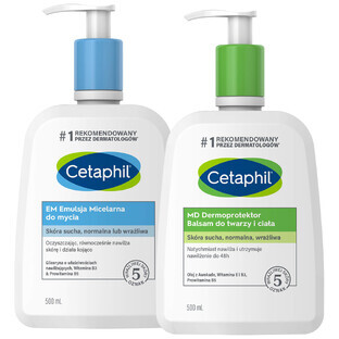 Cetaphil Cleansing and Moisturizing Set, Micellar emulsion for sensitive skin cleansing, 500 ml + moisturizing lotion for face and body, 500 ml